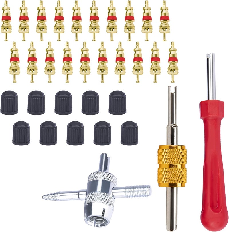 ecocstm 2 PCS Tire Valve Stem Removal Tool with 20 PCS Valve Cores, 10 PCS Tire Valves Caps, 1 PCS 4-Way Valves Tool, Car Accessories Tires Repair Tools Universal for All Cars (33 PCS) - Image 1